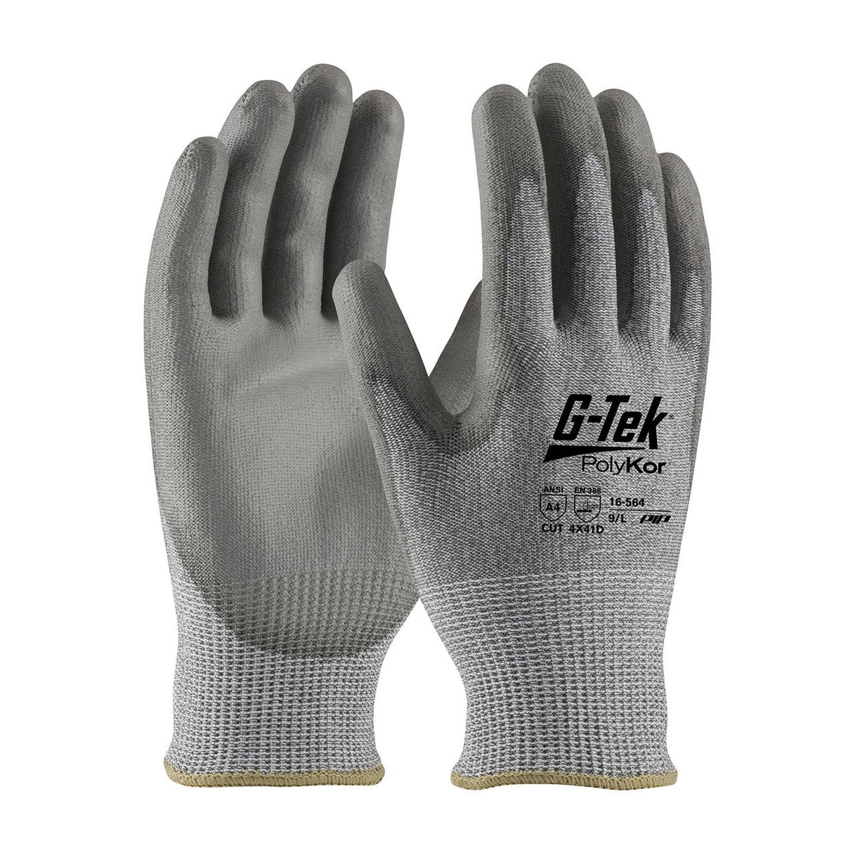 The PIP G-Tek PolyKor Industry Grade PU Coated Flat Grip 16-564 gloves, in gray, feature textured surfaces for superior grip and prominently display their cut resistance with detailed symbols on the back of one glove. The polyurethane-coated design ensures safety and durability, making them ideal for demanding environments.