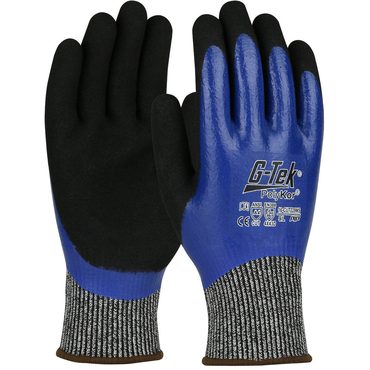 The PIP G-Tek PolyKor Gloves with Nitrile Microsurface Grip, from Protective Industrial Products (model 16-CUT229MS), feature a blue and black design with nitrile-coated palms and fingers for an excellent grip and display the brand logo on the back. Equipped with ribbed cuffs for a snug fit, these gloves offer superior cut resistance to ensure your safety.