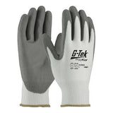 The PIP G-TEK CR Great White 13 Gauge PolyKor Gloves 16-D622 offer cut level 4141 protection, with gray polyurethane-coated palms and fingertips and a white back. These gloves are specially designed for industrial and construction work, providing enhanced cut resistance. Available in a pack of 12 pairs.