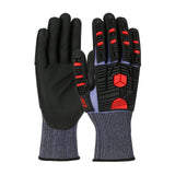 These PIP G-Tek PolyKor X7 Impact Protection NeoFoam Coated gloves, available in black with red accents on the knuckles and fingers, offer superior impact protection. They feature a NeoFoam coated palm that ensures a textured grip and come with gray, ribbed cuffs for a secure fit. Designed by PIP - Protective Industrial Products for durability and safety, each pack includes 6 pairs (16-MP585).