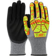 A pair of PIP - Protective Industrial Products G-Tek PolyKor Gloves featuring a grey, textured palm with black Nitrile MicroSurface Grip. The back is designed with bright yellow and orange armor-like padding for impact protection, showcasing branded text visibly.