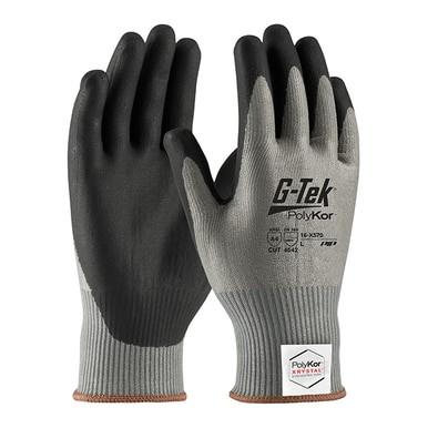 A pair of grey and black protective gloves labeled "PIP G-Tek Xrystal NeoFoam Coated Gloves 16-X570," offering excellent abrasion resistance. These cut-resistant gloves have a textured grip on the palm and fingers, with a logo and safety information printed on the back.