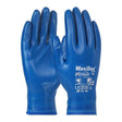 Two PIP MaxiDex nylon gloves, model 19-007, come in blue and feature a nitrile coating along with ViroSan technology. These gloves offer a textured grip and display a variety of safety and quality certifications on the back, ensuring excellent protection and durability.