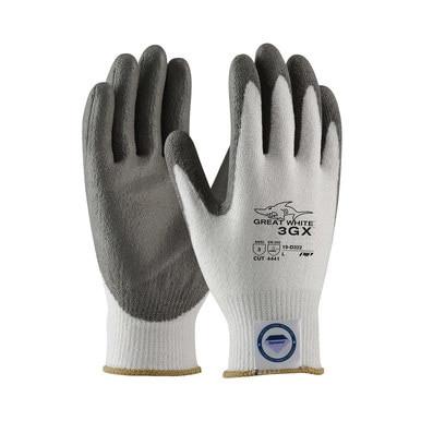 The G-Tek 3GX Great White Dyneema Gloves 19-D322, by PIP - Protective Industrial Products, feature gray palms and white backs and incorporate Dyneema Diamond Technology. With "Great White 3GX" displayed on the back, these gloves provide exceptional cut resistance and durability. They are available in packs of 12 pairs.