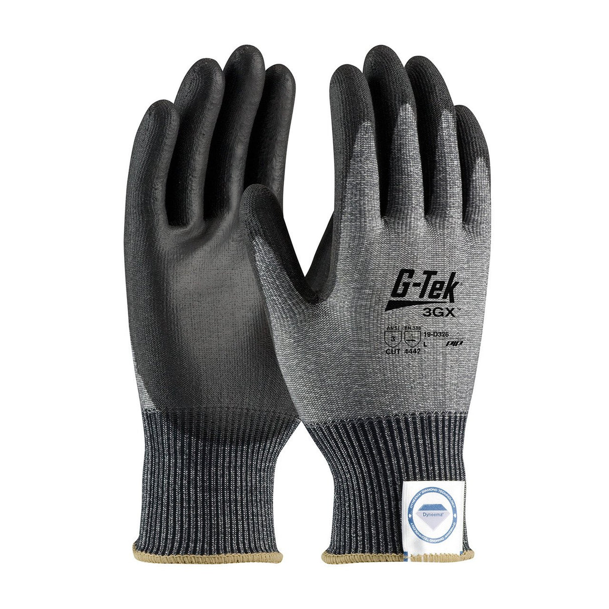 A pair of PIP G-Tek 3GX ECO Dyneema Phoenix gloves, Model 19-D326, featuring a seamless knit design with durable fibers. These black and grey PU Flat Grip gloves have a textured palm for enhanced grip and a snug wrist cuff, making them ideal for industrial or safety applications.