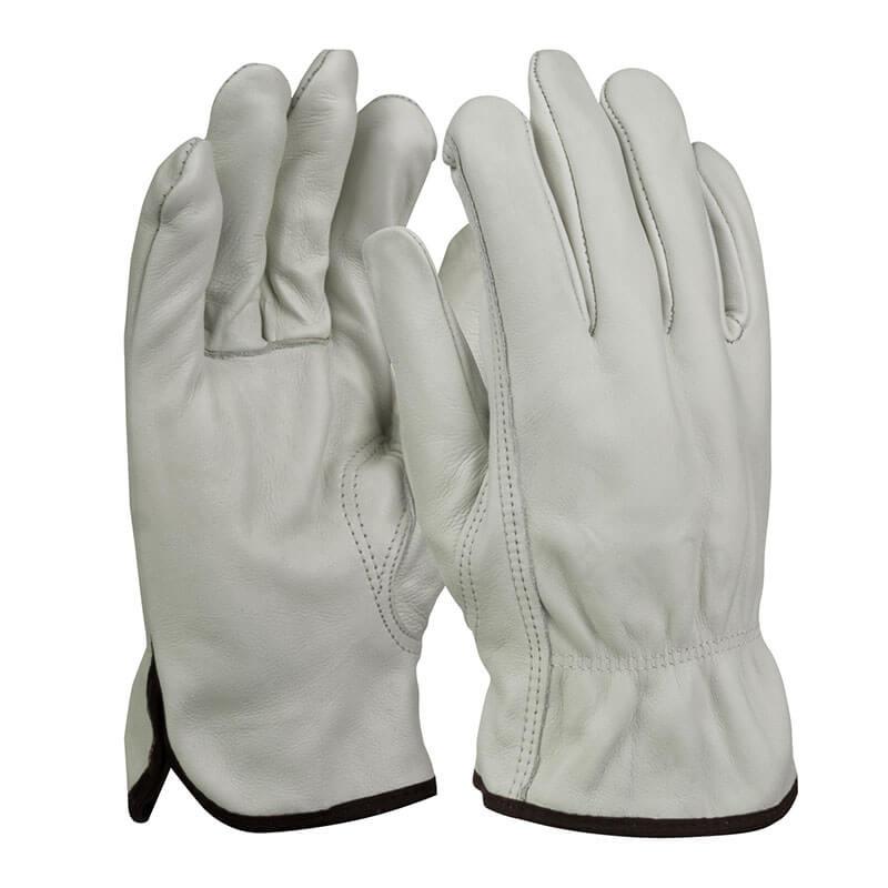 Experience a pair of PIP Top Grain Cowhide Leather Drivers Glove with thermal lining, crafted in light gray cowhide leather and enhanced with black trim at the cuffs for added style and warmth.