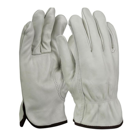 A pair of PIP Top Grain Cowhide Leather Drivers Gloves with Thermal Lining is displayed upright, featuring off-white leather with black trim at the cuffs. The gloves showcase visible stitching and a smooth texture, providing durability and comfort along with enhanced abrasion resistance for protective use.