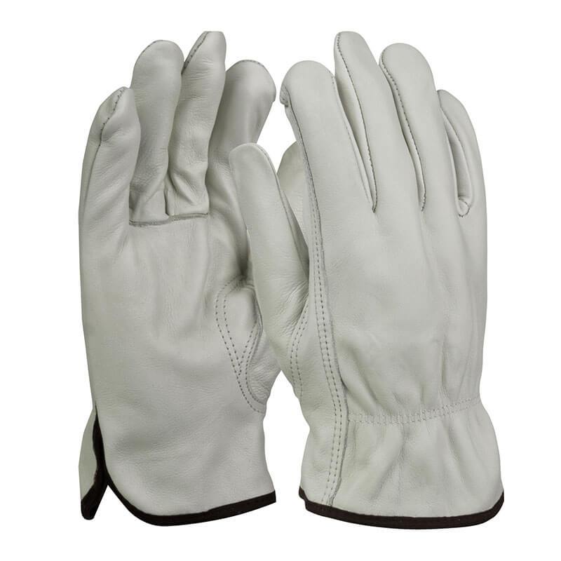 A pair of PIP Top Grain Cowhide Leather Drivers Gloves with a thermal lining, in beige with black trim, positioned upright with fingers slightly together. These gloves are designed for abrasion resistance, showcasing a smooth texture and durability that makes them ideal for outdoor or manual work.