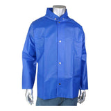 A mannequin is showcasing the PIP Boss TPU/Nylon Rain Jacket 201-500 by Protective Industrial Products, which features snap buttons down the front. It is styled with blue jeans, emphasizing the jacket's industrial use design, as the mannequin lacks visible facial features or head details.