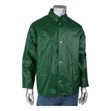 The display mannequin showcases the PIP Boss TPU/Nylon Rain Jacket 201-500, a product from Protective Industrial Products (PIP), featuring a green color with silver buttons over blue jeans. This rain jacket, designed for industrial use, is equipped with a high collar and long sleeves.