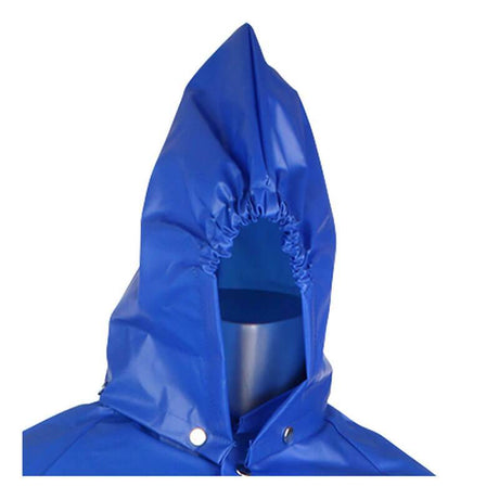 Close-up of the PIP Boss TPU/Nylon Detachable Hood 201-520 by PIP - Protective Industrial Products, in blue, displayed on a mannequin. The hood is crafted for a lightweight and durable finish with an elastic opening and a pointed top made from shiny waterproof material. This detachable design also features stylish button details.