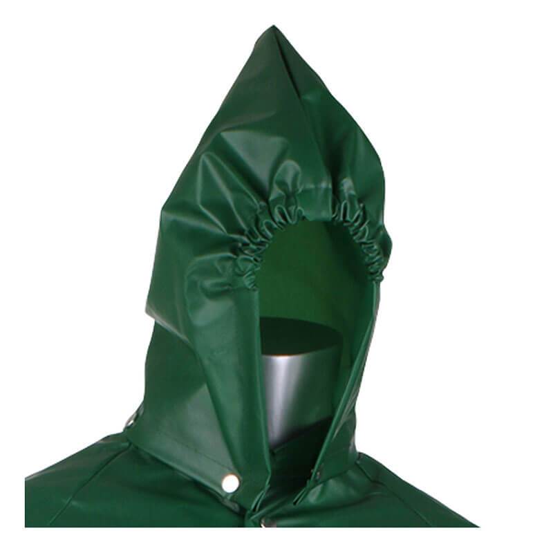 Close-up of the PIP Boss TPU/Nylon Detachable Hood 201-520 in green, which is lightweight and durable. This hood, designed by Protective Industrial Products for industrial plant maintenance, features a pointed top with elastic gathering around the opening for a snug fit around the wearer’s face. It is displayed on a silver mannequin.