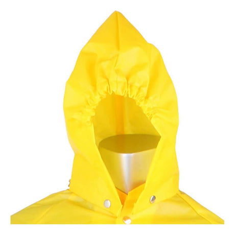 A mannequin displays the PIP - Protective Industrial Products hooded raincoat in a vibrant yellow color, featuring silver snaps, making it an excellent choice for industrial plant maintenance. The PIP Boss TPU/Nylon Detachable Hood 201-520 is pulled up over its head, and the plain white background emphasizes the coat's lightweight and durable design.