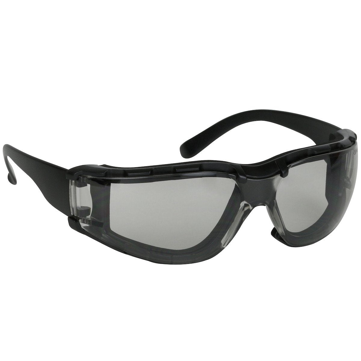 The PIP Bouton Zenon Z11SM Foam Safety Glasses, available in black with a wraparound design, feature clear lenses with cushioned nose pads and side guards. They also include an ANSI Z87.1+ anti-scratch coating.