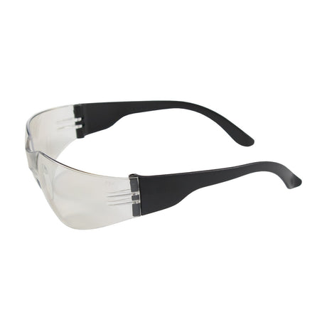 The PIP Zenon Z12 Anti-Scratch Safety Glasses feature a rimless design with black frames, providing a sleek, wrap-around style. The transparent lenses are smooth and come with an anti-scratch coating, while the slightly curved arms ensure a secure fit for optimal protection.