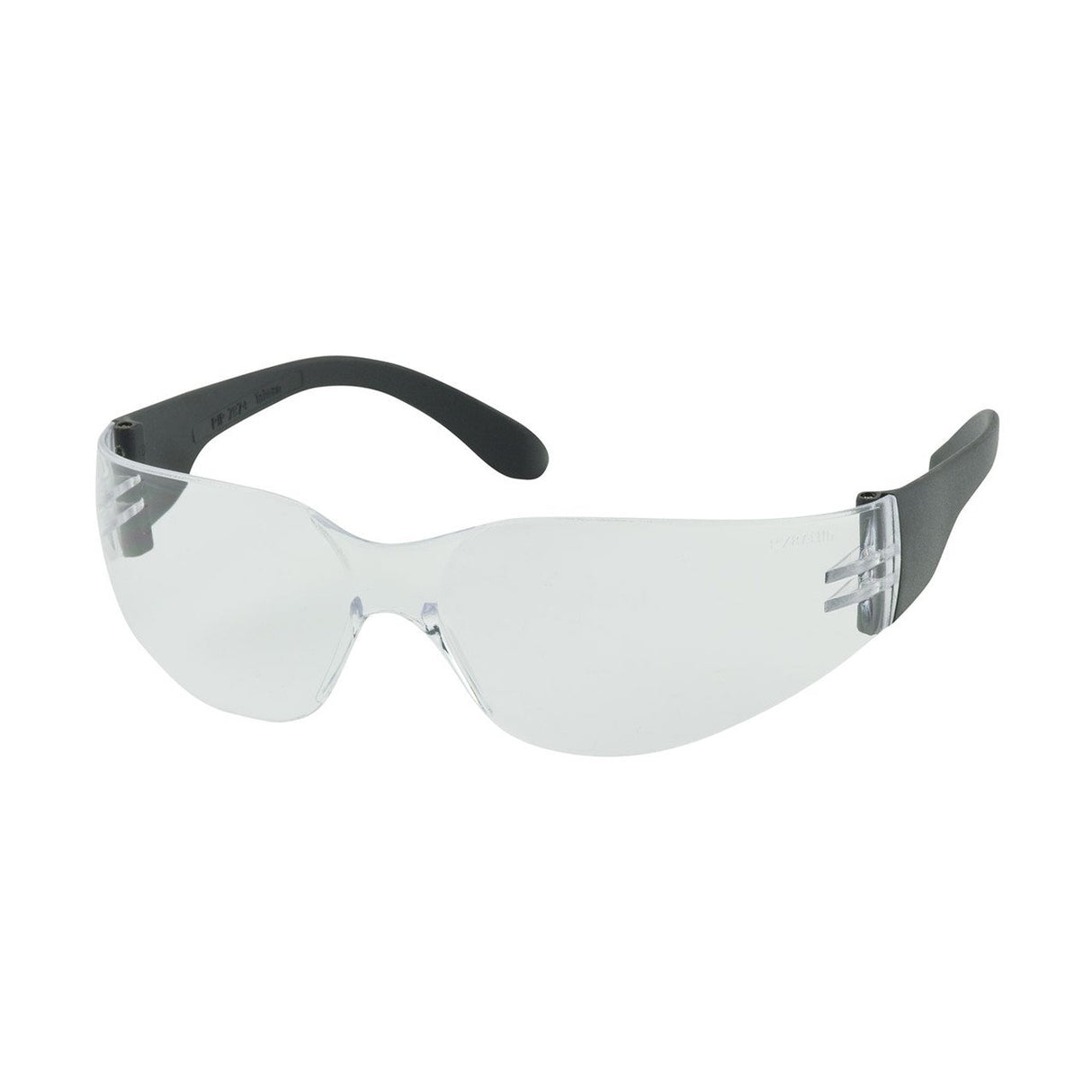 The PIP Zenon Z12 Anti-Scratch Safety Glasses 250-01-000_ from Protective Industrial Products showcase a sleek, rimless design with an anti-scratch coating and black side arms against a white background.