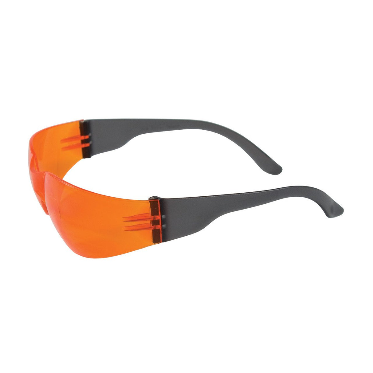 The PIP Zenon Z12 Anti-Scratch Safety Glasses from Protective Industrial Products feature a rimless design with orange-tinted lenses and black frames, crafted for maximum eye protection. The lenses include an anti-scratch coating to maintain durability and clear vision.