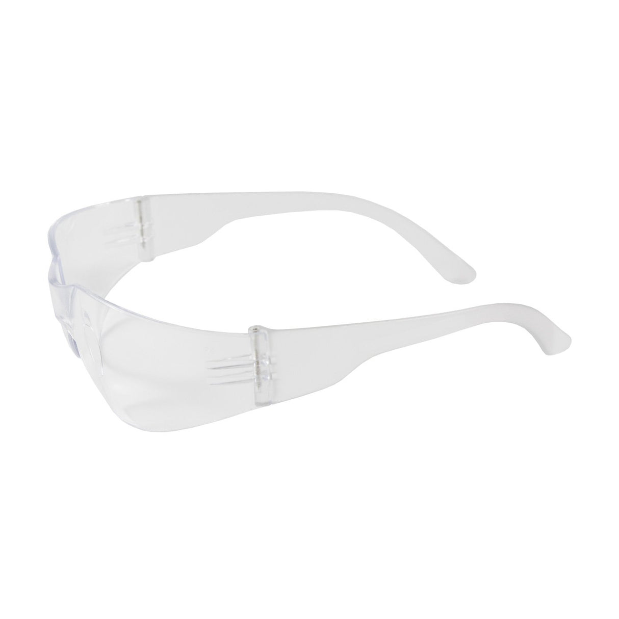 The PIP Zenon Z12 Uncoated Safety Glasses 250-01-0_80, from Protective Industrial Products, feature a clear wraparound design with sleek, curved arms. These essential workwear glasses have a frameless construction for complete transparency and coverage. They are lightweight and tailored for eye protection across diverse environments.