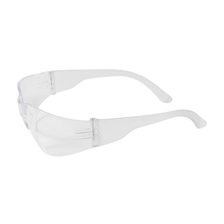 Introducing the PIP Zenon Z12 Uncoated Safety Glasses 250-01-0_80 from Protective Industrial Products. These safety glasses feature transparent lenses and frames, offering optimal eye protection with a sleek, minimalist design. With their curved arms, they are perfect for both industrial workwear and personal use. Positioned on a plain white background, these glasses combine style and security effortlessly.