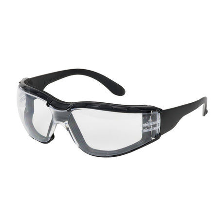 PIP Zenon Z12 safety goggles, offered by Protective Industrial Products, feature a wraparound design with black frames, shatterproof lenses coated with anti-scratch protection, and include protective side shields for enhanced eye safety.