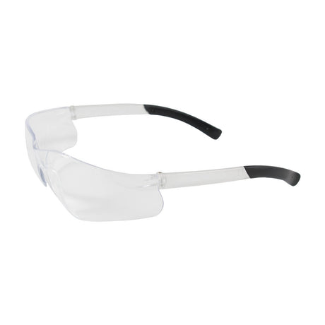 The PIP Zenon Z13 Anti-Scratch Safety Glasses, by Protective Industrial Products, showcase transparent lenses with an anti-scratch coating. These safety glasses have a rimless design and black-tipped temples. Positioned at a slight angle on a plain white background, they also feature a sleek translucent white frame.