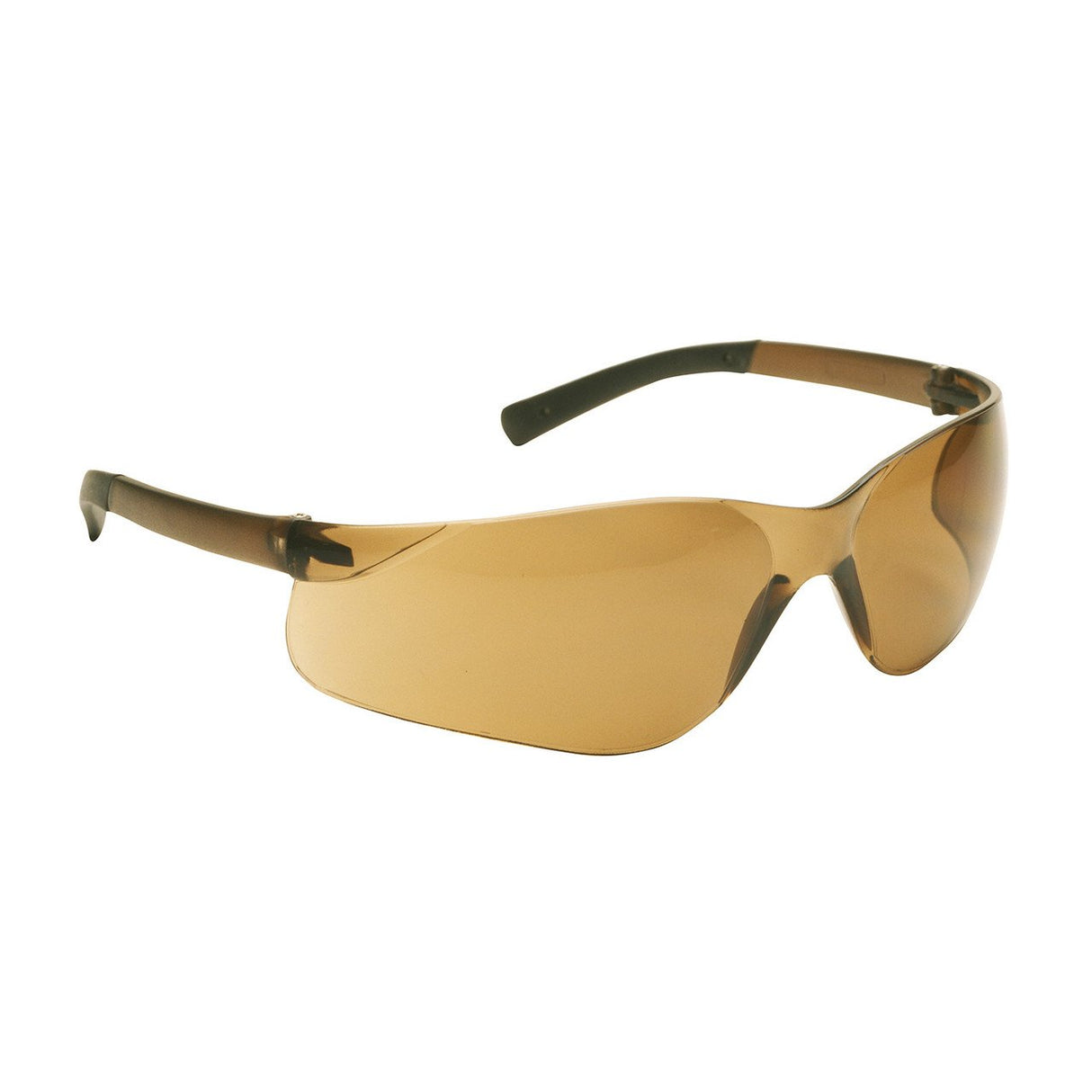 The PIP Zenon Z13 Anti-Scratch Safety Glasses, offered by Protective Industrial Products (PIP), boast a sleek, rimless design with wraparound lenses and black rubber-tipped arms in brown. They provide eye protection with their anti-scratch coating and are displayed stylishly on a white surface.