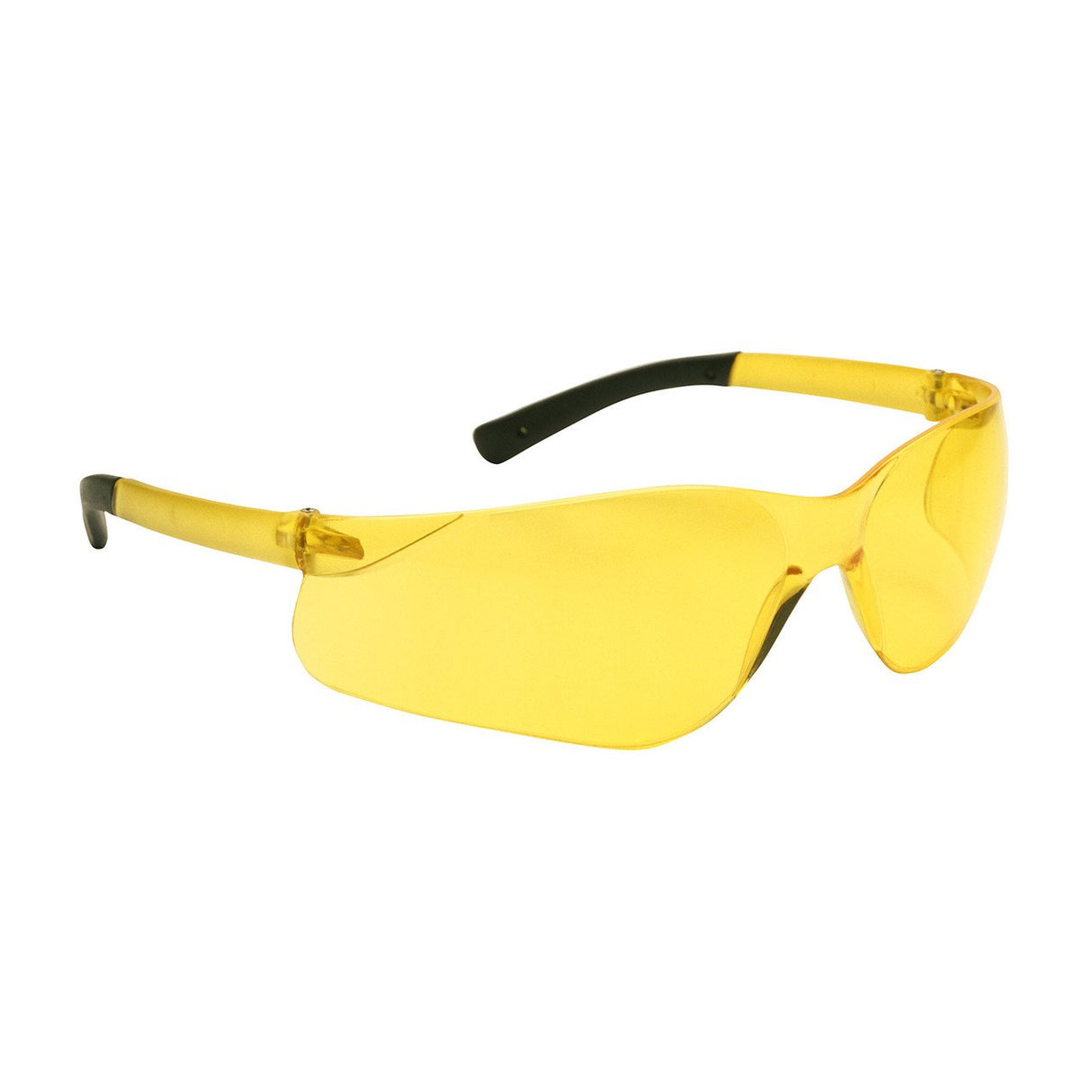 PIP Zenon Z13 Anti-Scratch Safety Glasses feature yellow-tinted lenses with wraparound protection, black-tipped curved temples, and a sleek rimless design.