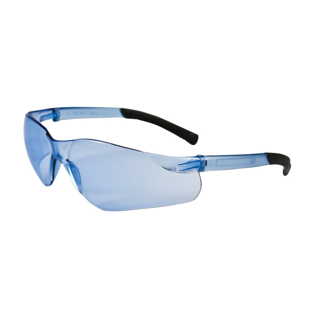 The PIP Zenon Z13 Anti-Scratch Safety Glasses (12/box) by Protective Industrial Products boast blue-tinted, rimless frames with clear lenses and black rubberized temples, beautifully displayed against a white background. These glasses feature an anti-scratch coating, blending style and durability for superior protection.