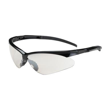 The PIP Adversary Anti-Scratch Safety Glasses 250-28-000_ (12/box) feature a modern, semi-rimless design with clear, wraparound lenses and black frames. Their style is further enhanced by bold, curved arms that offer added comfort and protection.