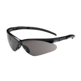 Introducing the PIP Adversary Anti-Scratch Safety Glasses 250-28-000_, a pair of sleek black safety glasses featuring dark tinted lenses and a glossy finish, ideal for sports or outdoor activities. The semi-rimless design and curved frame ensure a snug fit, enhancing its modern and aerodynamic appeal. These safety glasses are available in boxes of 12 from PIP - Protective Industrial Products.