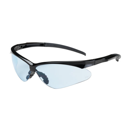 The PIP Adversary Anti-Scratch Safety Glasses 250-28-000_ feature a sleek black frame with a semi-rimless design and light blue lenses. These aerodynamic glasses from Protective Industrial Products offer a slightly curved frame and comfortable nose pads, combining style with functionality.