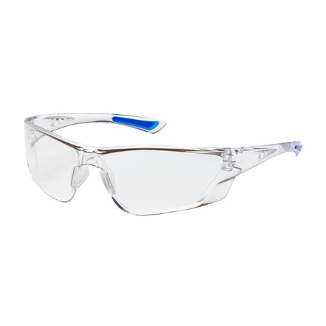 The PIP Recon Anti-Fog Safety Glasses 250-32-002_ (12/box) by Protective Industrial Products boast a sleek rimless design, enhanced with blue accents on the arms, and feature a wrap-around style for comprehensive protection and an anti-fog coating.