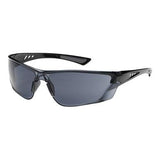 Introducing the PIP Recon Anti-Fog Safety Glasses (250-32-002_ 12/box), a stylish pair of black sports sunglasses designed for modern functionality. Featuring dark tinted lenses, these ANSI Z87.1+ rated safety glasses showcase angular details and small ventilation holes on the temples to enhance performance, while their anti-fog coating ensures clear vision during any activity.