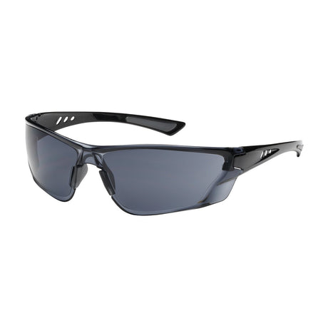 A pair of PIP Recon Rimless Safety Glasses from Protective Industrial Products, featuring FogLess 3Sixty Lens Coating for clear vision and dark tinted lenses. These glasses boast a sleek rimless design with perforated arms for ventilation and a slightly curved fit, ensuring both safety and comfort.