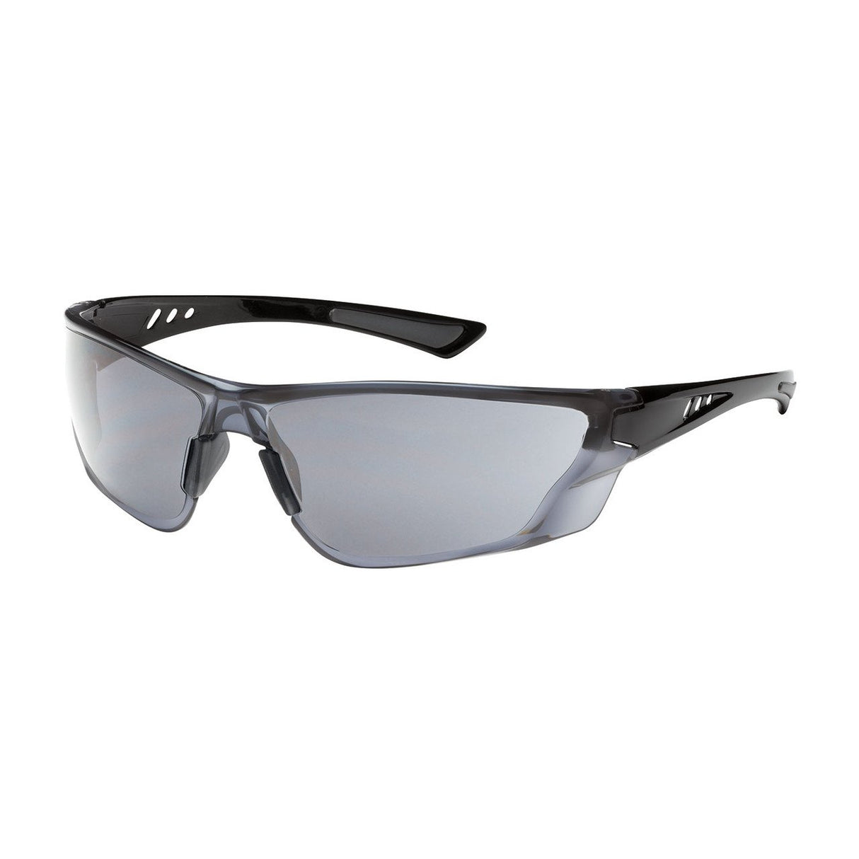 The PIP Recon Rimless Safety Glasses from Protective Industrial Products boast a modern rimless design with sleek black frames and slightly curved gray-tinted lenses. Engineered for an aerodynamic appearance, these glasses feature subtle detailing on the arms and a FogLess 3Sixty Lens Coating to provide clear vision during high-intensity activities.