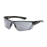 Introducing the PIP Recon Rimless Safety Glasses by Protective Industrial Products, featuring a contemporary, semi-transparent gray frame and tinted lenses. The angular rimless design includes distinctive vent-like details on the temples and is equipped with FogLess 3Sixty lens coating to ensure crystal-clear vision in any condition.