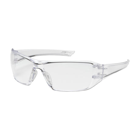 The PIP Captain Safety Glasses, featuring the innovative FogLess 3Sixty Coating, offer clear, transparent lenses with an anti-scratch coating and a wraparound design. These safety glasses have sleek, streamlined frames that ensure full eye protection and possess a modern look suitable for workplace safety or lab use. Available in packages of 12 pairs from Protective Industrial Products (PIP).