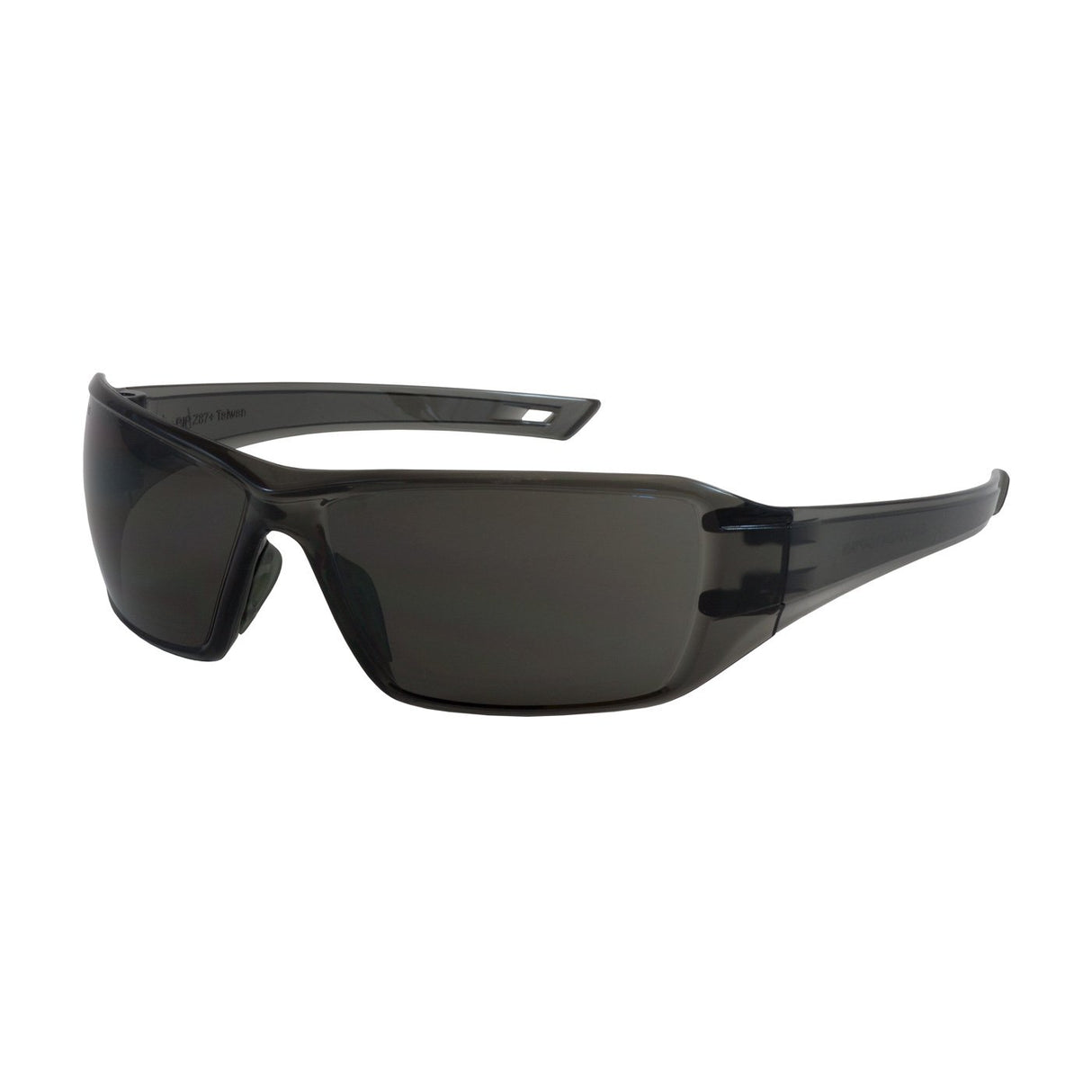 A pair of PIP Captain Safety Glasses featuring FogLess 3Sixty Coating, characterized by a sleek, dark-tinted design with broad arms and an anti-scratch coating. The shiny black frame offers a modern, sporty look, all highlighted against a plain white background for maximum visual impact.