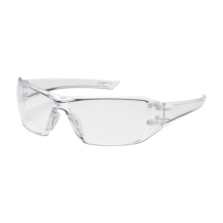 Introducing the PIP Captain Safety Glasses with FogLess 3Sixty Coating, model 250-46-052. These glasses boast a sophisticated wraparound design with transparent lenses and frames. Featuring an anti-scratch coating, subtle hinges, and side extensions, they offer exceptional protection and clarity.