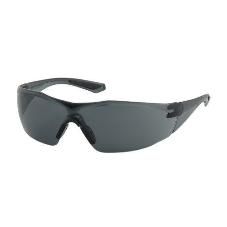 Introducing the PIP Pulse Safety Glasses with FogLess 3Sixty Coating, model 250-49-052. This pair of sleek and stylish protective eyewear features a black wraparound design with dark tinted lenses and a slightly curved frame. It offers full eye coverage, while its smooth, sporty frame and lightweight ergonomic arms from Protective Industrial Products ensure both comfort and safety.