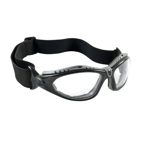 The PIP Fuselage Safety Glasses, Anti-Fog 250-50-042, available in a set of six pairs, feature clear lenses with a black adjustable strap. The dark gray frame is designed with ventilation slots for enhanced airflow and includes an anti-fog coating. These glasses are perfect for protection during sports or outdoor activities.