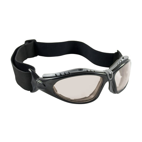 The PIP Fuselage Safety Glasses (model 250-50-042) from Protective Industrial Products come in a set of six pairs and feature clear lenses with a black adjustable strap for a secure fit. The glasses have a black frame, designed for activities requiring eye protection, and include an anti-fog coating to ensure clarity in any condition.