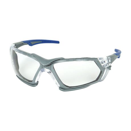 PIP Fortify Safety Glasses 250-54-002 feature a gray frame with clear lenses and an anti-scratch coating for enhanced durability. The temples, highlighted in blue, provide a comfortable and secure fit.