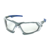 The PIP Fortify Safety Glasses with Anti-Fog Coating 250-54-002, available in a pack of 12, feature clear lenses with a gray frame and blue temple tips. They are designed with wraparound lenses and foam padding to offer enhanced protection and comfort.