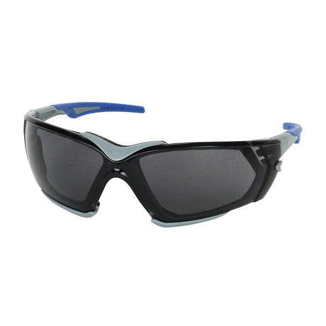 Experience the PIP Fortify Safety Glasses in black, boasting a durable anti-scratch and anti-fog coating. These glasses feature dark lenses and stylish blue accents on the arms and nose bridge, making them ideal for active outdoor pursuits.