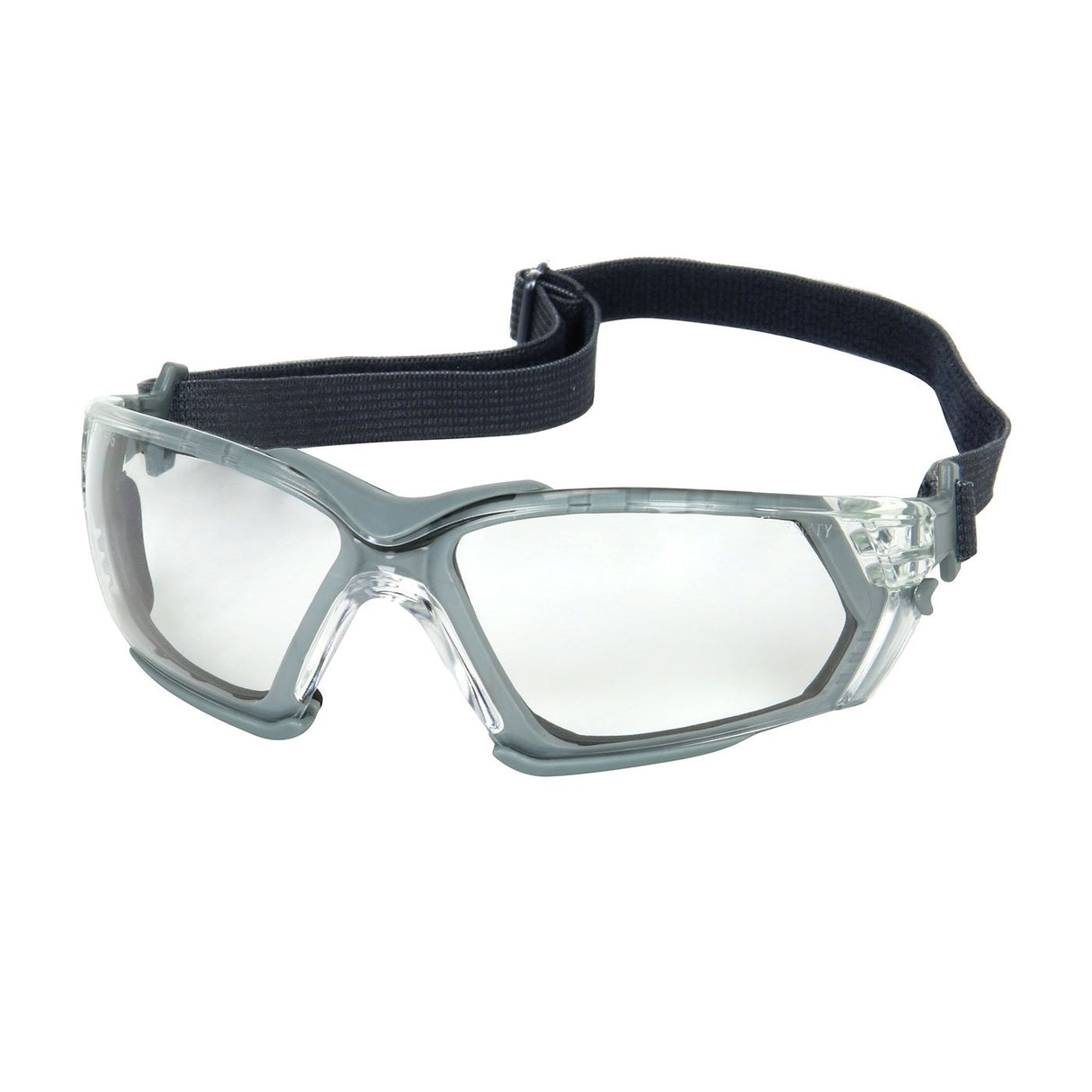 The PIP Fortify Safety Glasses, model 250-54-05, from Protective Industrial Products are designed with a sturdy transparent frame and foam padding for comfortable eye protection. They feature clear lenses with an anti-scratch coating and come with a black adjustable strap.