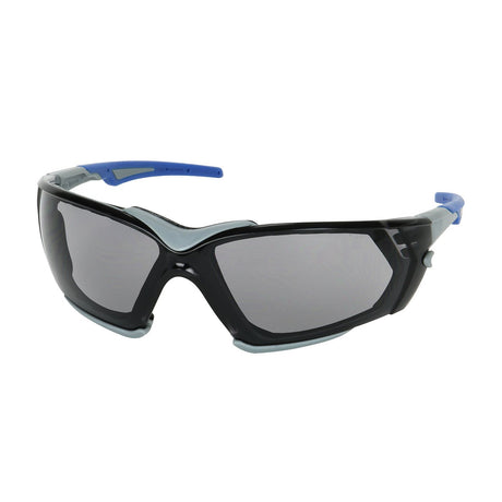 A pair of PIP Fortify Safety Glasses featuring a sleek design with dark-tinted lenses, a black frame complemented by blue accents on the sides, and an anti-scratch coating. These glasses exude a sporty, protective aesthetic ideal for any adventure.