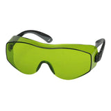 A pair of PIP OverSite OTG Welding Safety Glasses 250-98-00 with green-tinted lenses and black frames. The glasses feature a wraparound design for full eye protection, along with an anti-scratch/anti-fog coating for optimal clarity.