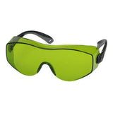 Introducing the PIP OverSite OTG Welding Safety Glasses, model 250-98-00_ _, from Protective Industrial Products. These green safety glasses feature tinted lenses and black adjustable sidearms. They offer a sleek, modern design with an IR filter for superior eye protection. The lenses are equipped with anti-scratch and anti-fog coatings to ensure durability and clear vision. Each box contains 12 glasses.