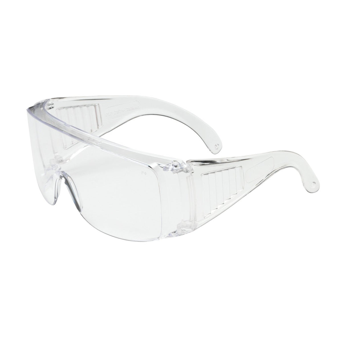 The PIP The Scout OTG Anti-Scratch Safety Glasses 250-99-090, designed by PIP - Protective Industrial Products, are displayed against a plain white background. They feature clear wraparound lenses and adjustable arms with an anti-scratch coating, as well as side shields for enhanced protection.